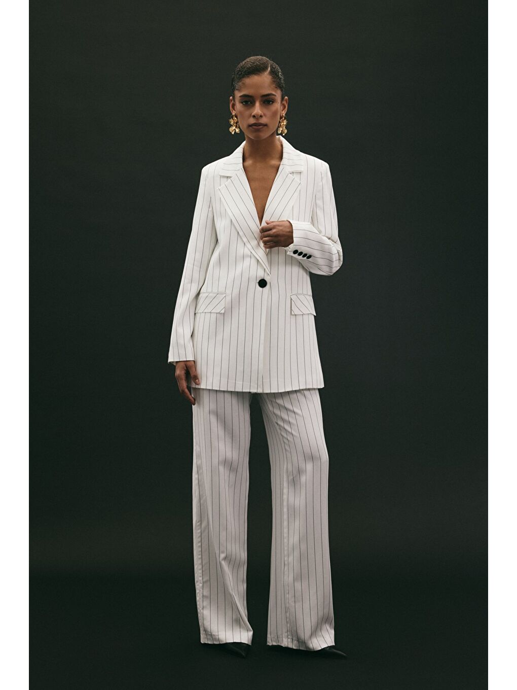 Rina Çizgili Pantolon - Ekru-2