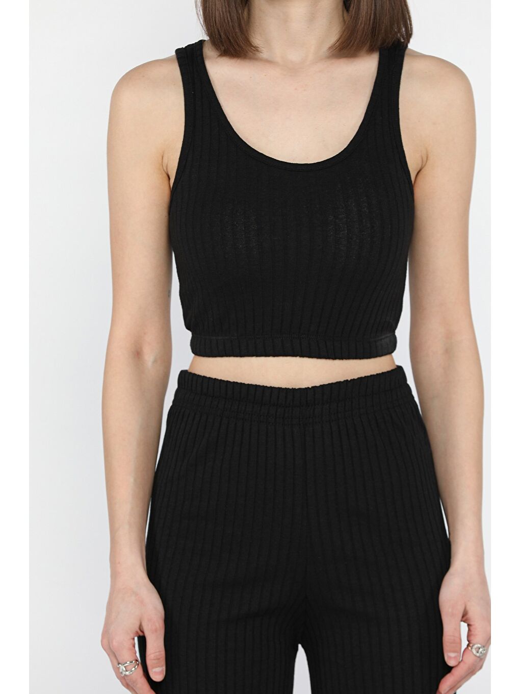 Siyah Kadın Sıfır Kol Crop Top Bluz Pantolon İkili Takım-3