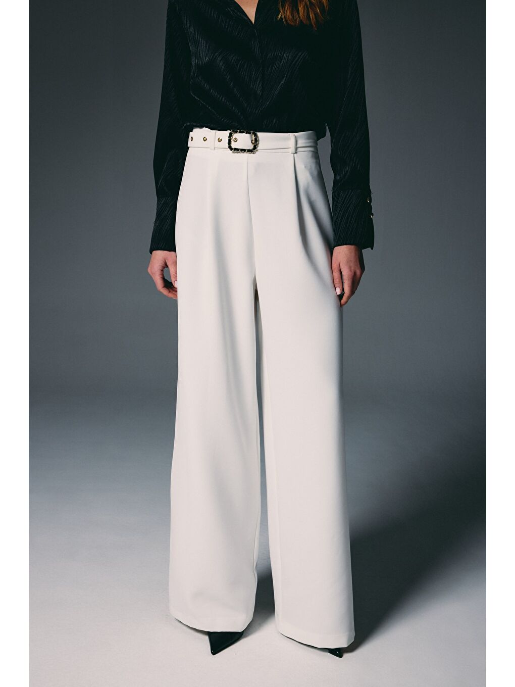 Kemerli Bol Pantolon - Ekru-5