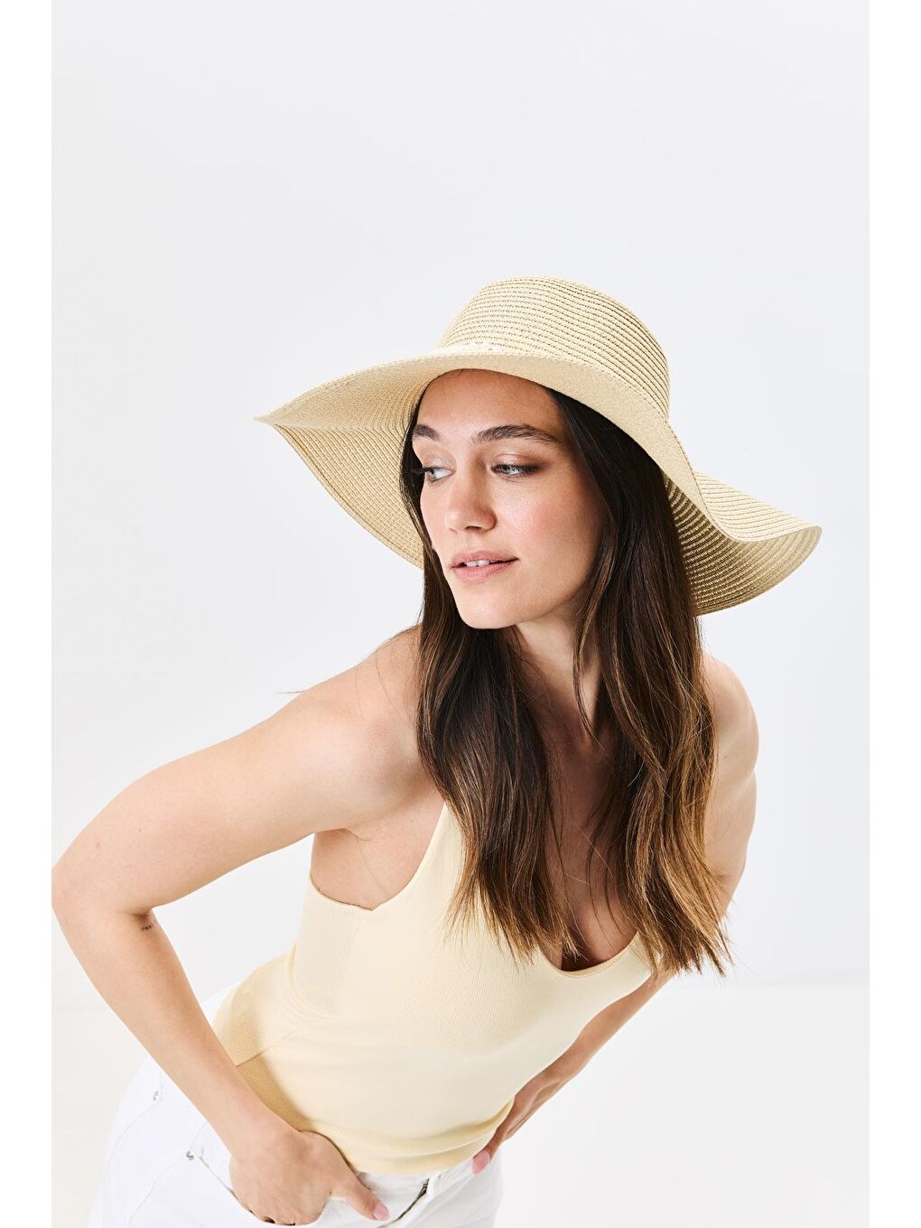 Geniş Kenar Hasır Plaj Şapkası Y25730-09 Orta Bej-1