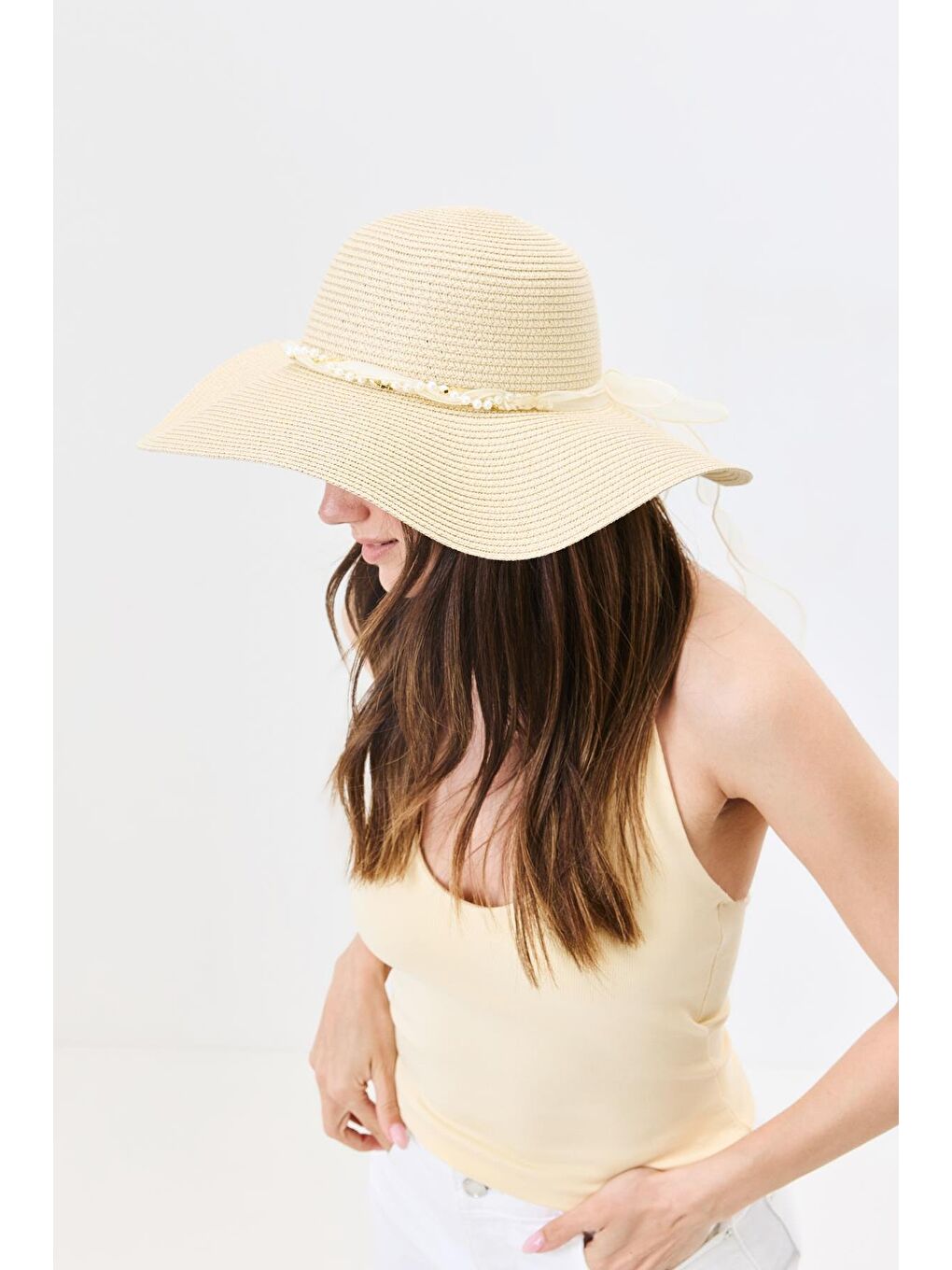 Geniş Kenar Hasır Plaj Şapkası Y25730-09 Orta Bej-2