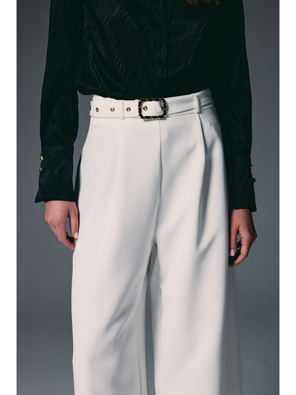 Kemerli Bol Pantolon - Ekru-6