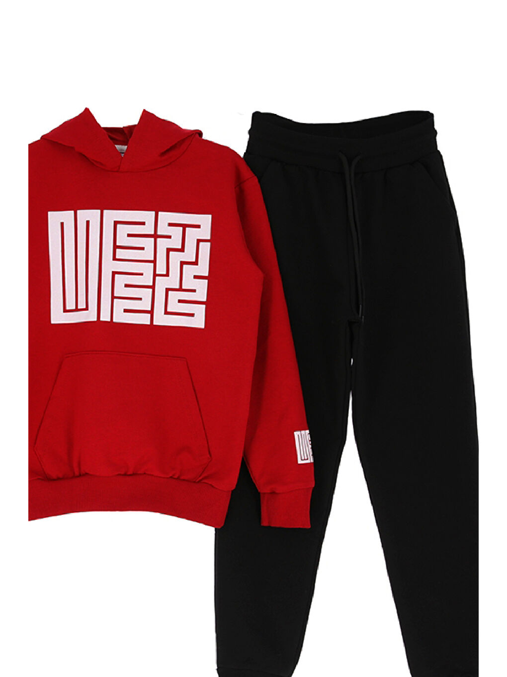 Kırmızı Kız Çocuk 2 İplik Küfe Yazı Görselli Kapüşonlu Alt-Üst Takım 12374-1