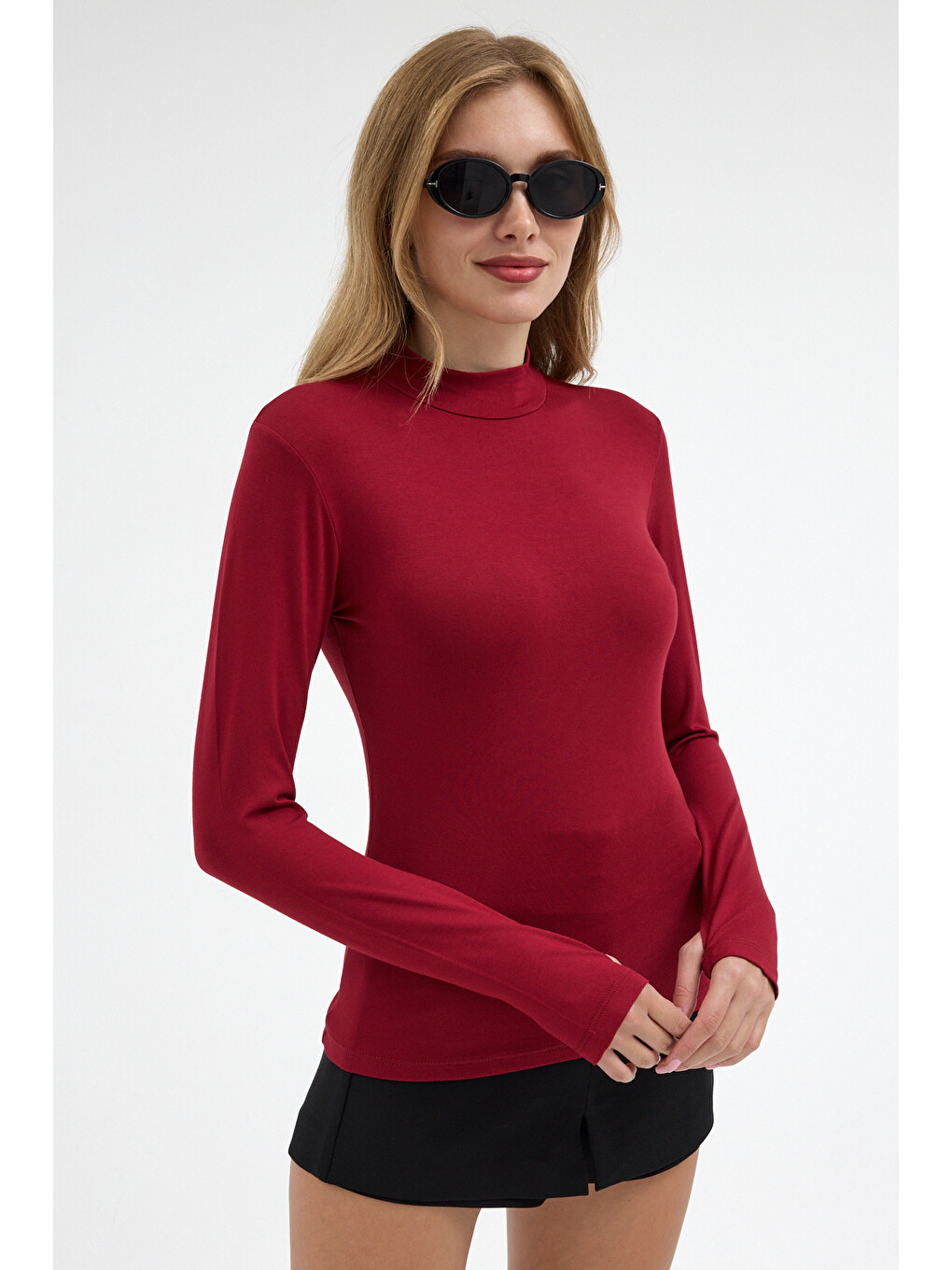 Kadın Yarım Balıkçı Yaka Basic Bordo Bluz-1