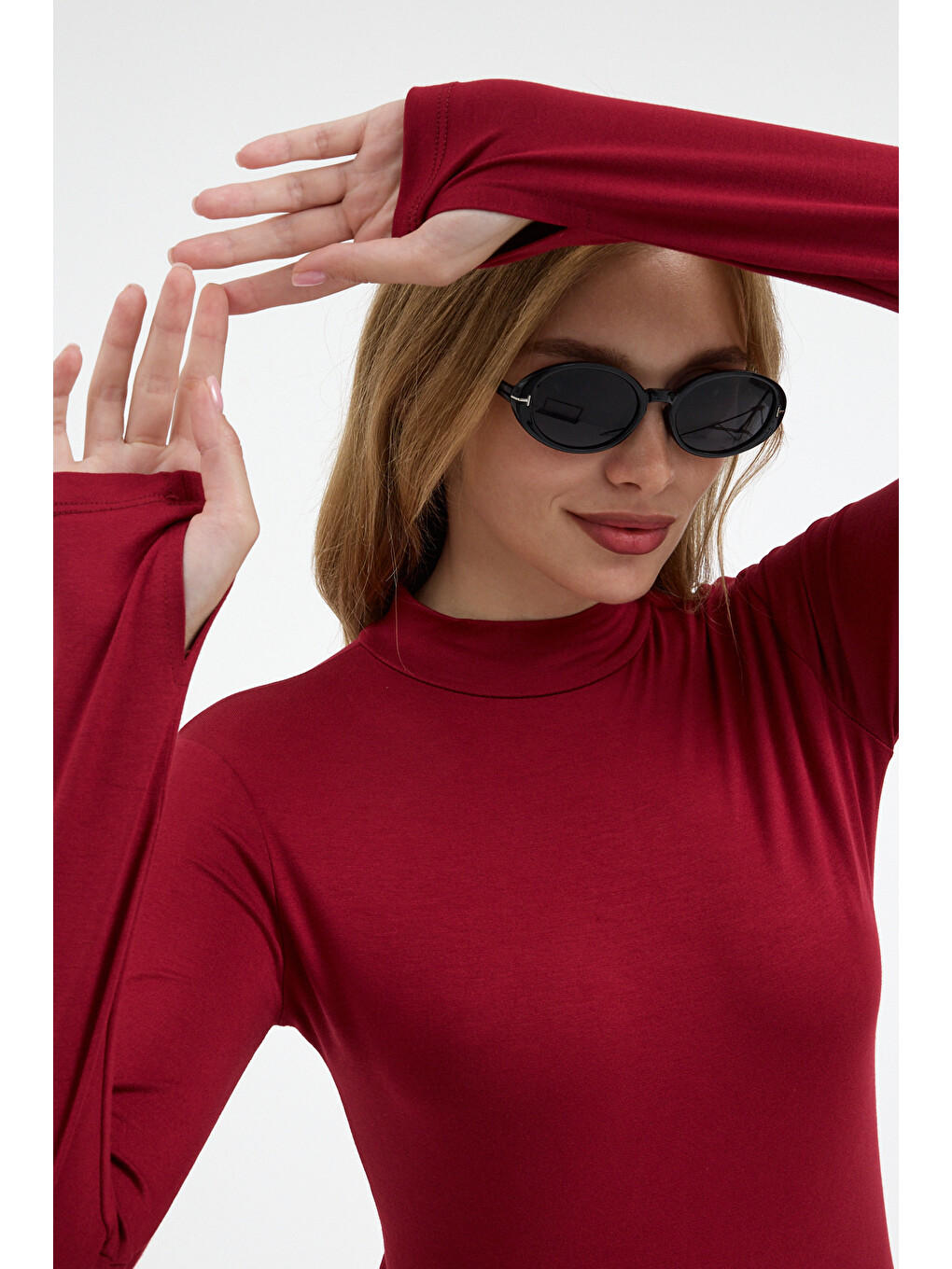 Kadın Yarım Balıkçı Yaka Basic Bordo Bluz-3
