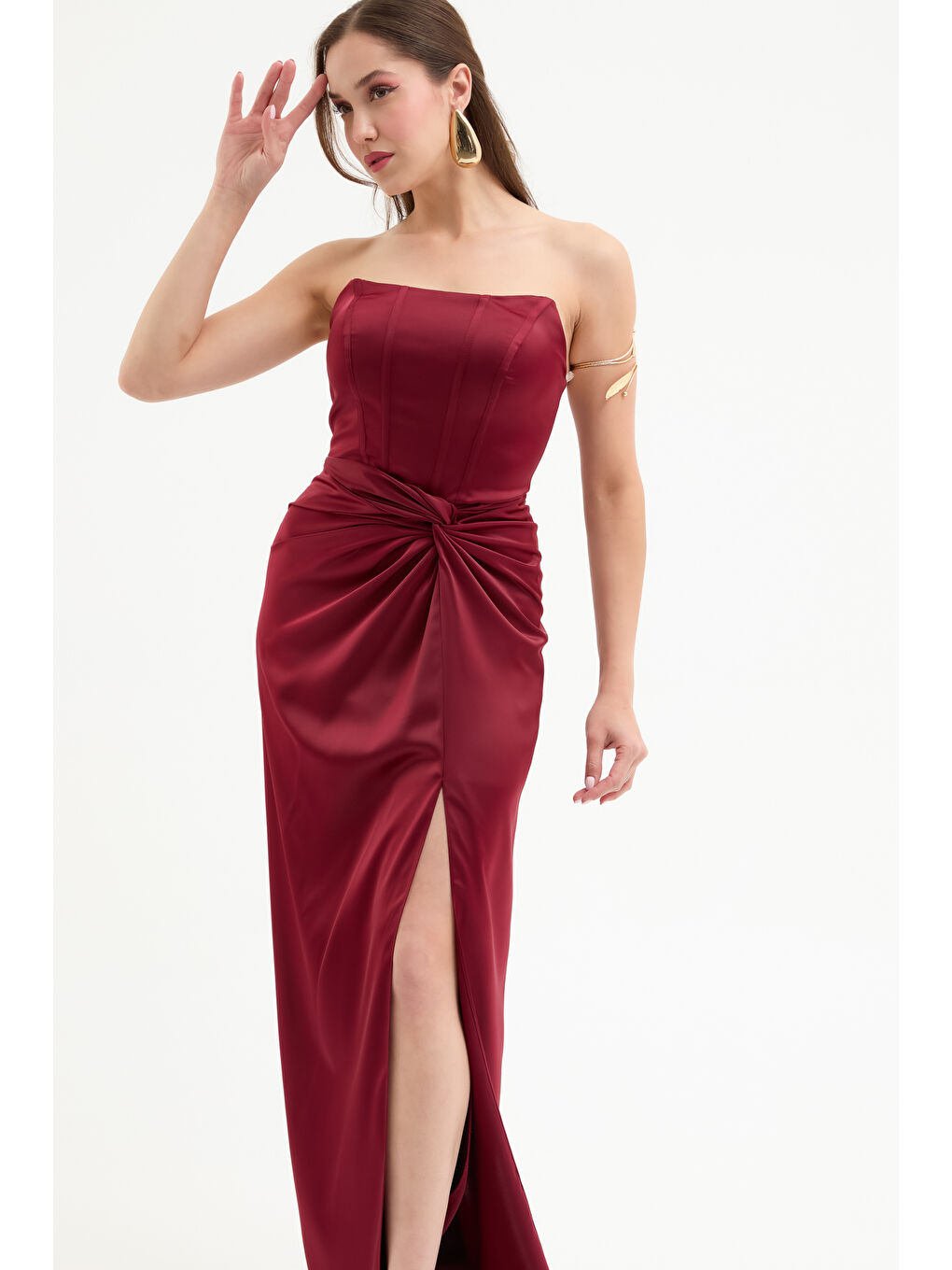 Kadın Bordo Kruvaze Astarlı Dokuma Korse Detaylı Saten Uzun Abiye Elbise-1