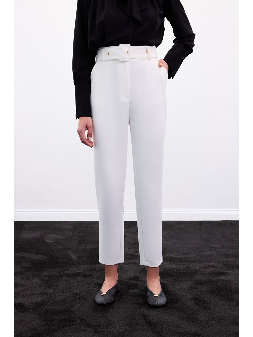 Kemerli Pantolon - Ekru-2