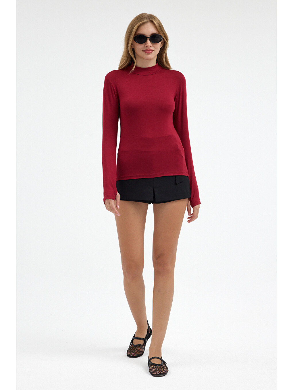 Kadın Yarım Balıkçı Yaka Basic Bordo Bluz-4