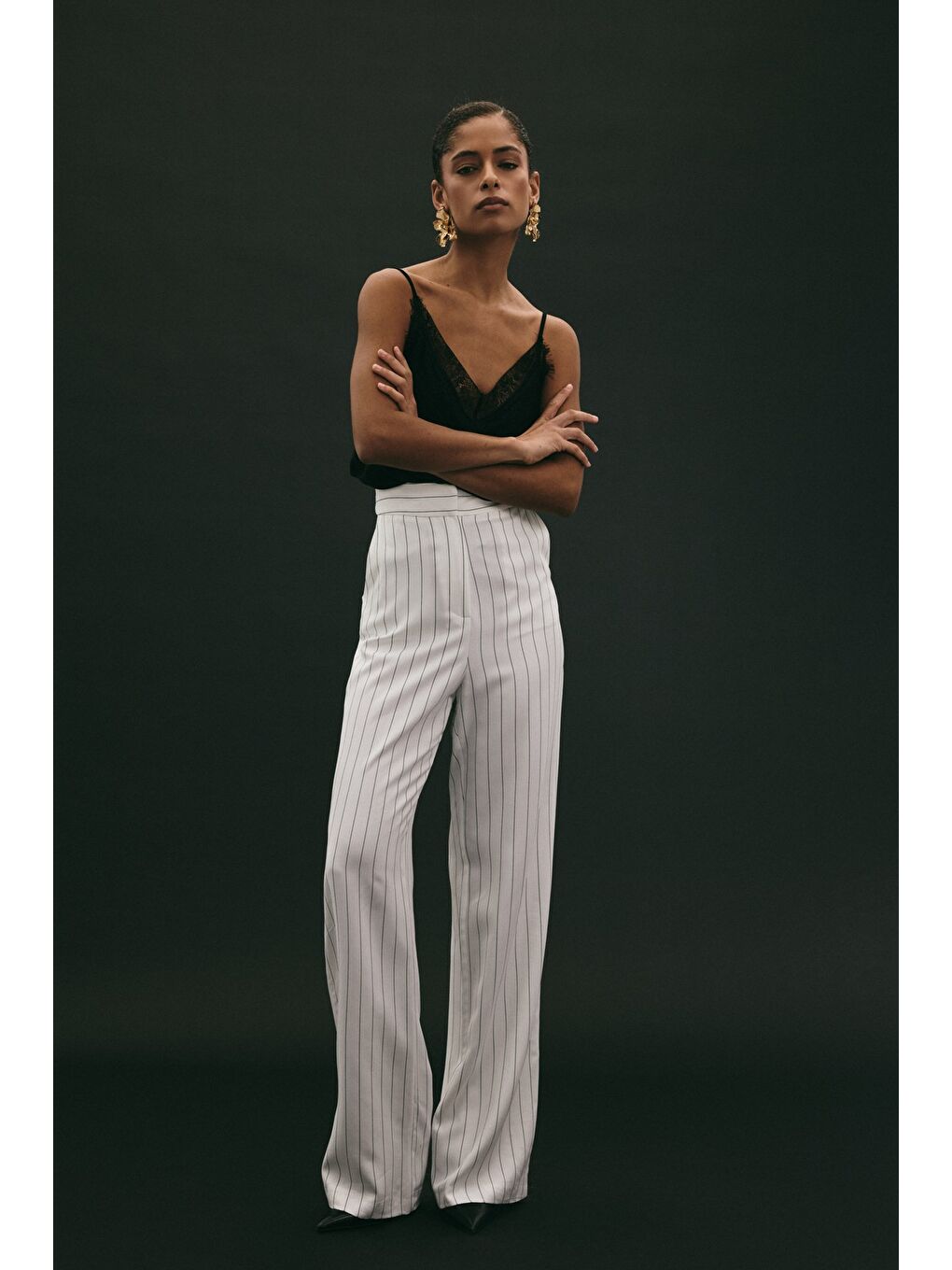 Rina Çizgili Pantolon - Ekru-5