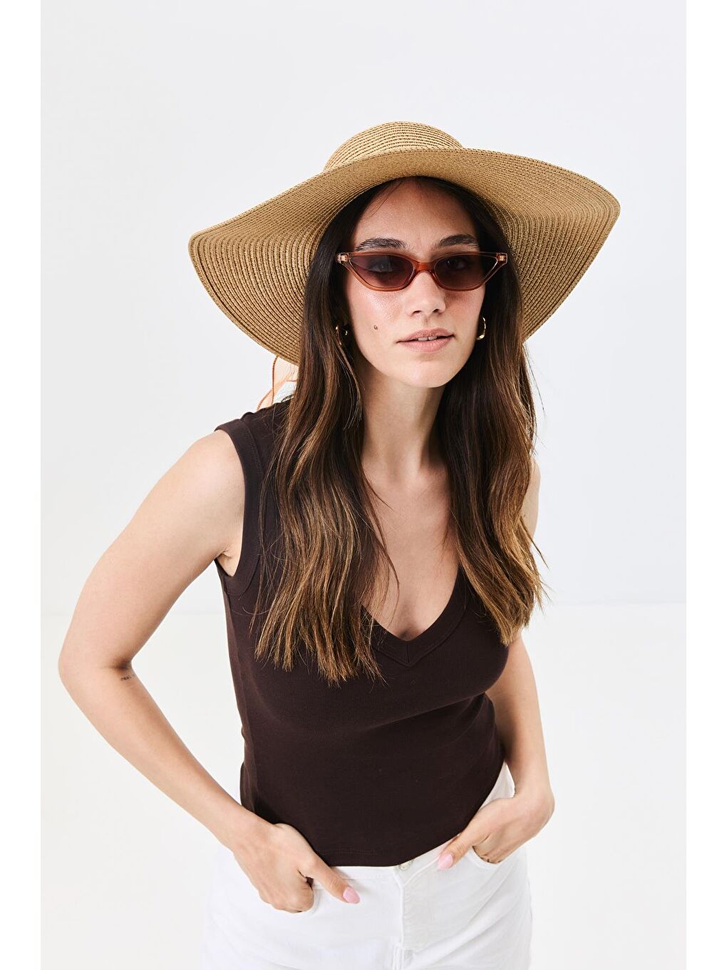 Bej Geniş Kenar Hasır Plaj Şapkası Y25730-09 Vizon