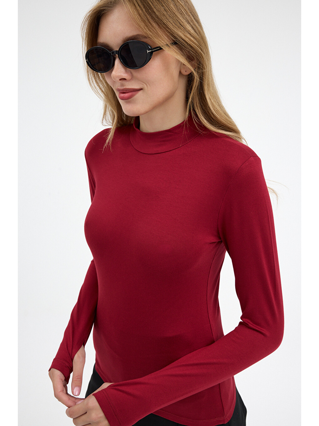 Kadın Yarım Balıkçı Yaka Basic Bordo Bluz-5