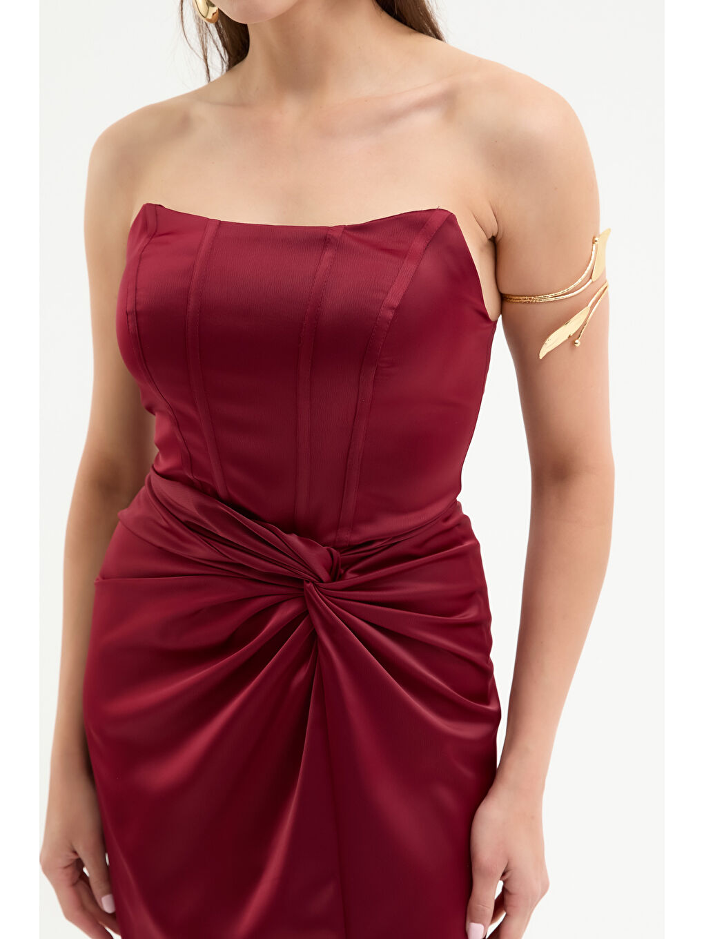 Kadın Bordo Kruvaze Astarlı Dokuma Korse Detaylı Saten Uzun Abiye Elbise-3