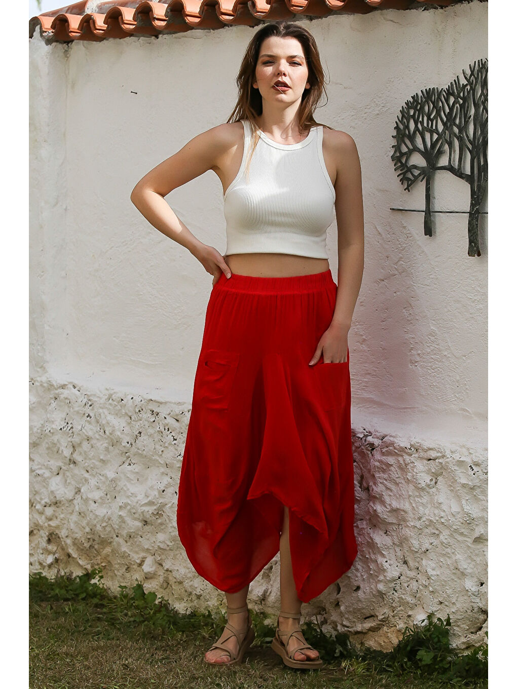 Kırmızı Cepli İnce Astarlı Çift Katlı Lastikli Bel Casual Dokuma Etek 90 60-1