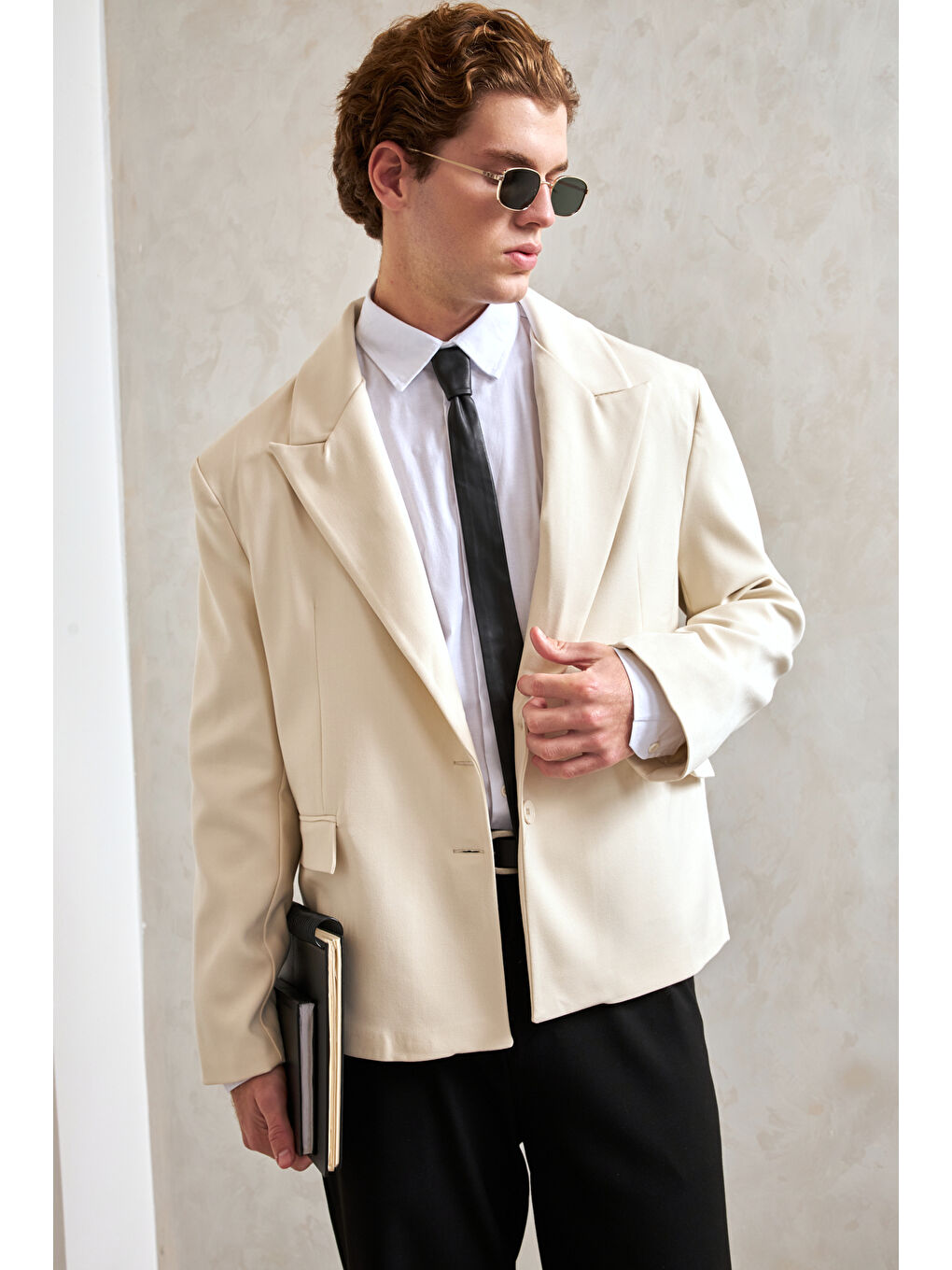 Ekru Erkek Oversize Blazer Ceket-1
