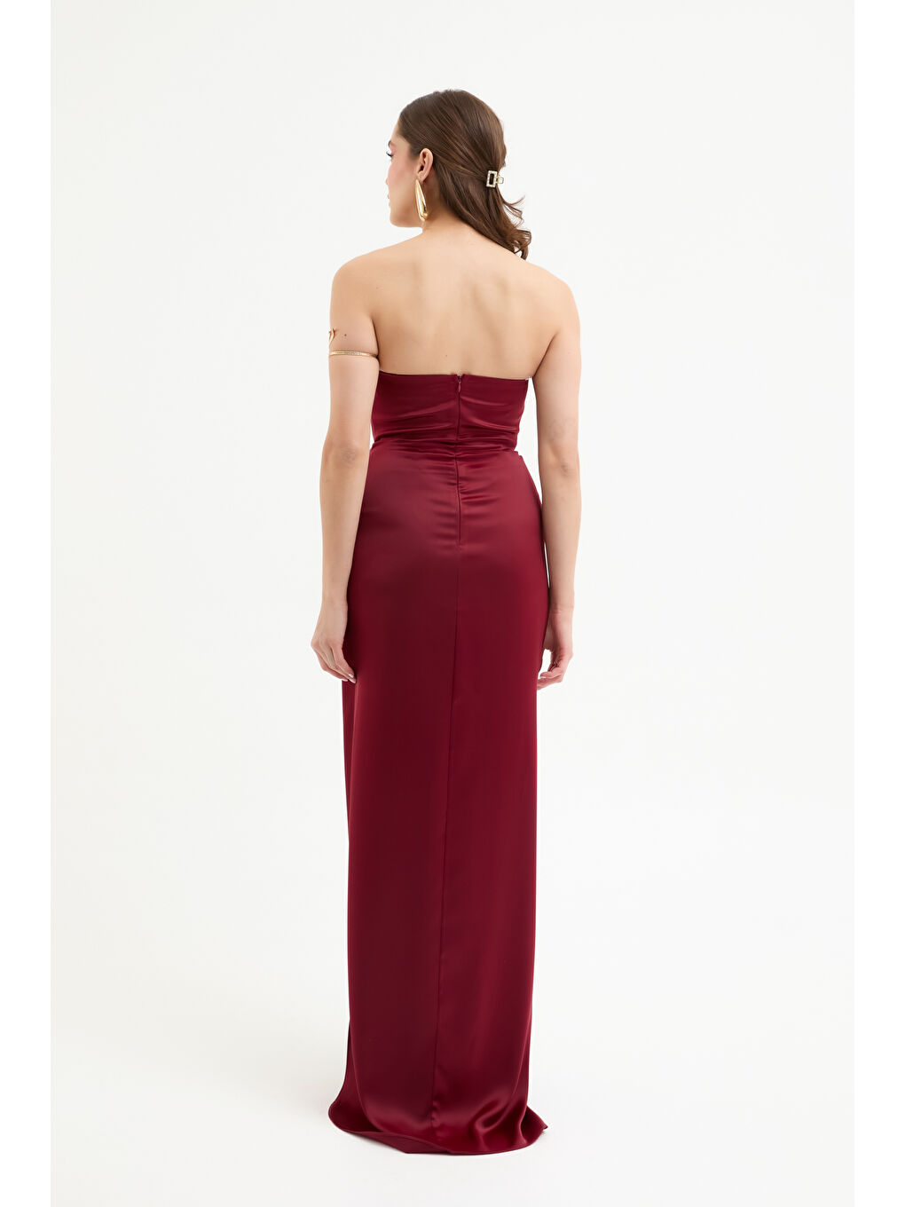 Kadın Bordo Kruvaze Astarlı Dokuma Korse Detaylı Saten Uzun Abiye Elbise-4