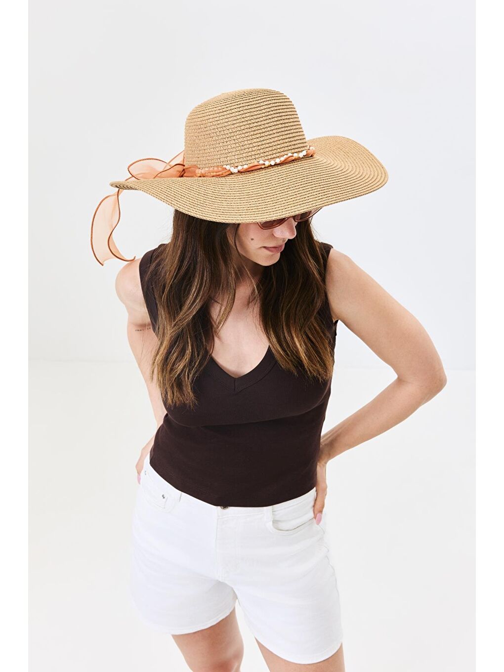 Bej Geniş Kenar Hasır Plaj Şapkası Y25730-09 Vizon-1