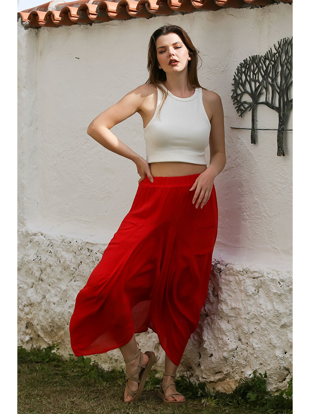 Kırmızı Cepli İnce Astarlı Çift Katlı Lastikli Bel Casual Dokuma Etek 90 60-2