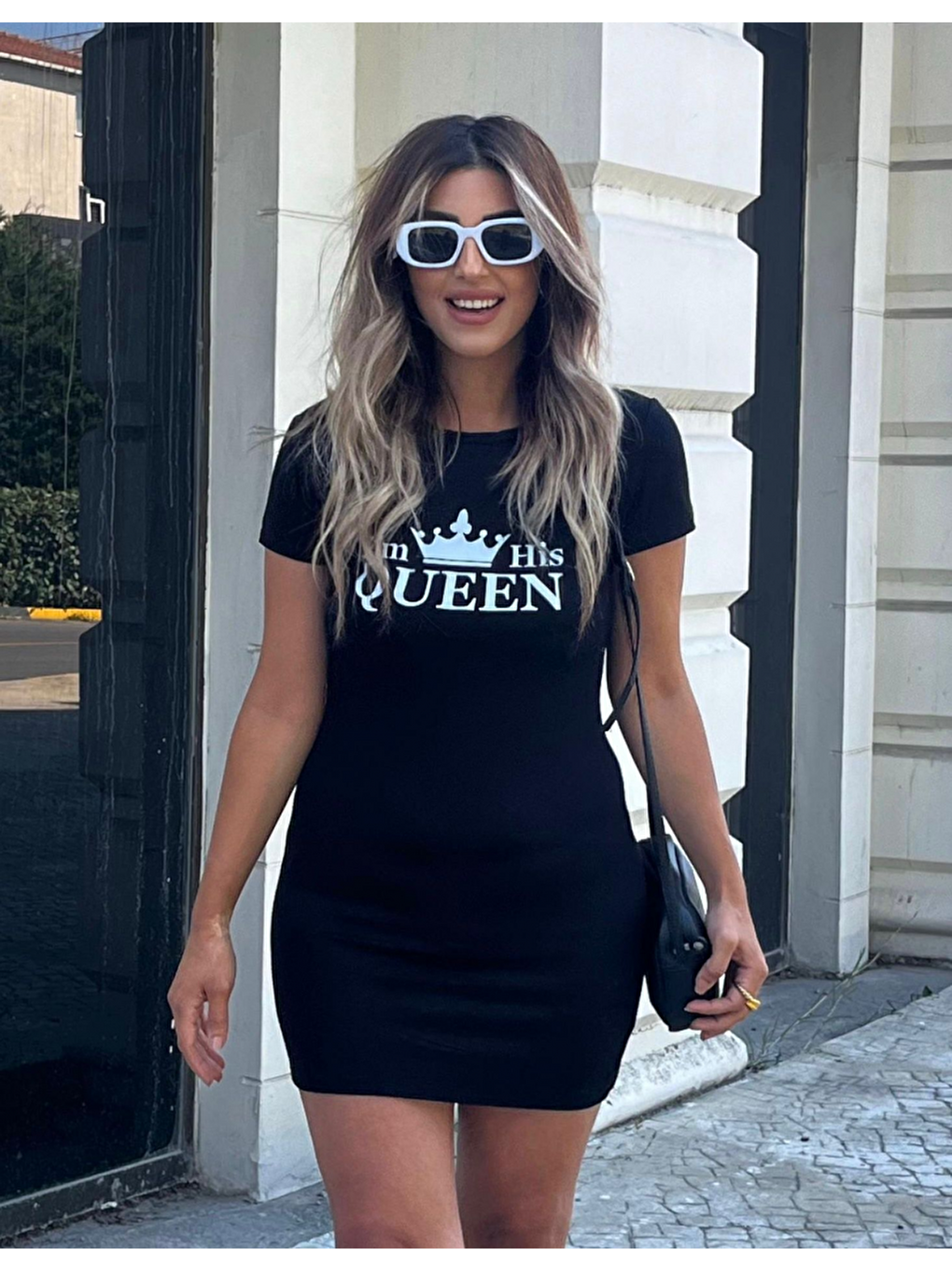 Siyah Kadın Kısa Kollu Queen Baskı Iki Iplik Mini Elbise-3
