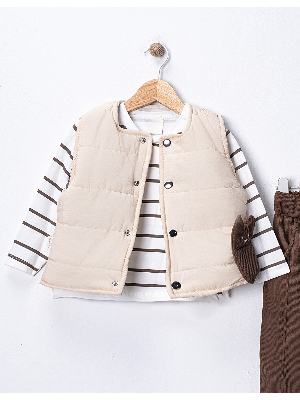 Kahverengi Erkek Bebek 3’lü Takım 9-24 Ay Şişme Yelek %100 Pamuk Sweatshirt Kadife Pantolon-3