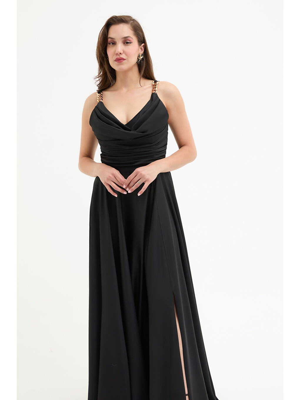 Kadın Siyah Gold Aksesuarlı Uzun Abiye Elbise-2