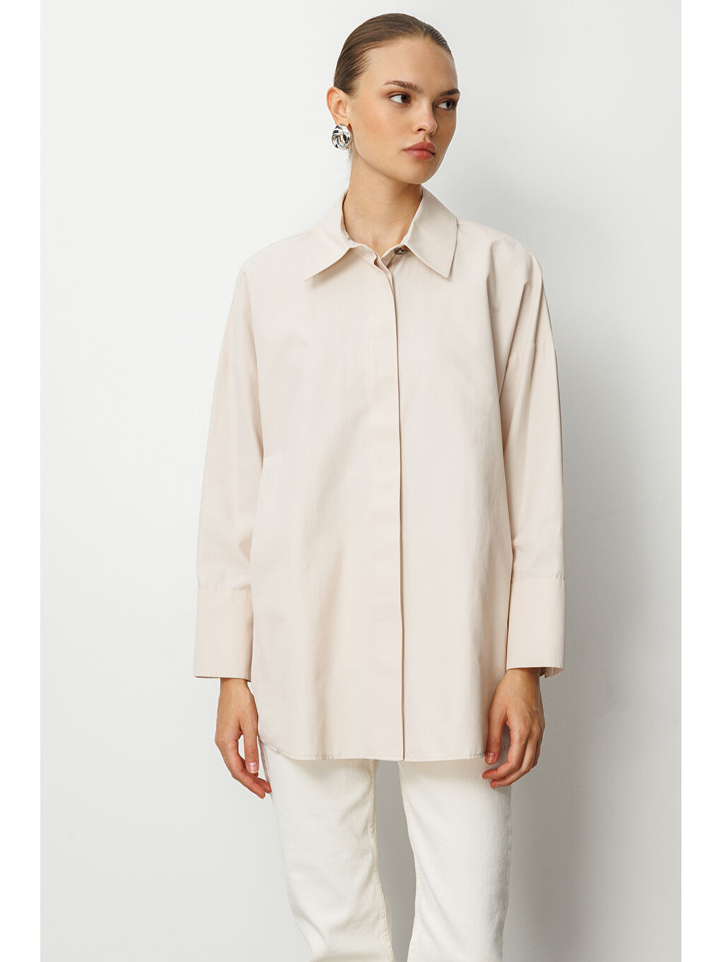 Bej Geniş Patlı Pamuklu Taş Rengi Tunik-1