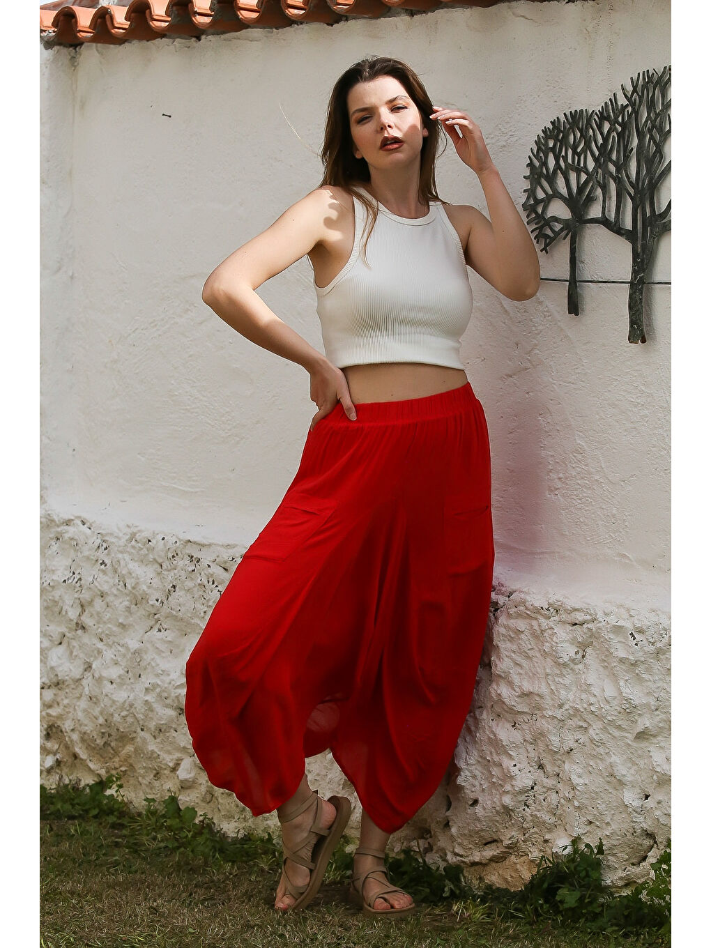 Kırmızı Cepli İnce Astarlı Çift Katlı Lastikli Bel Casual Dokuma Etek 90 60-3