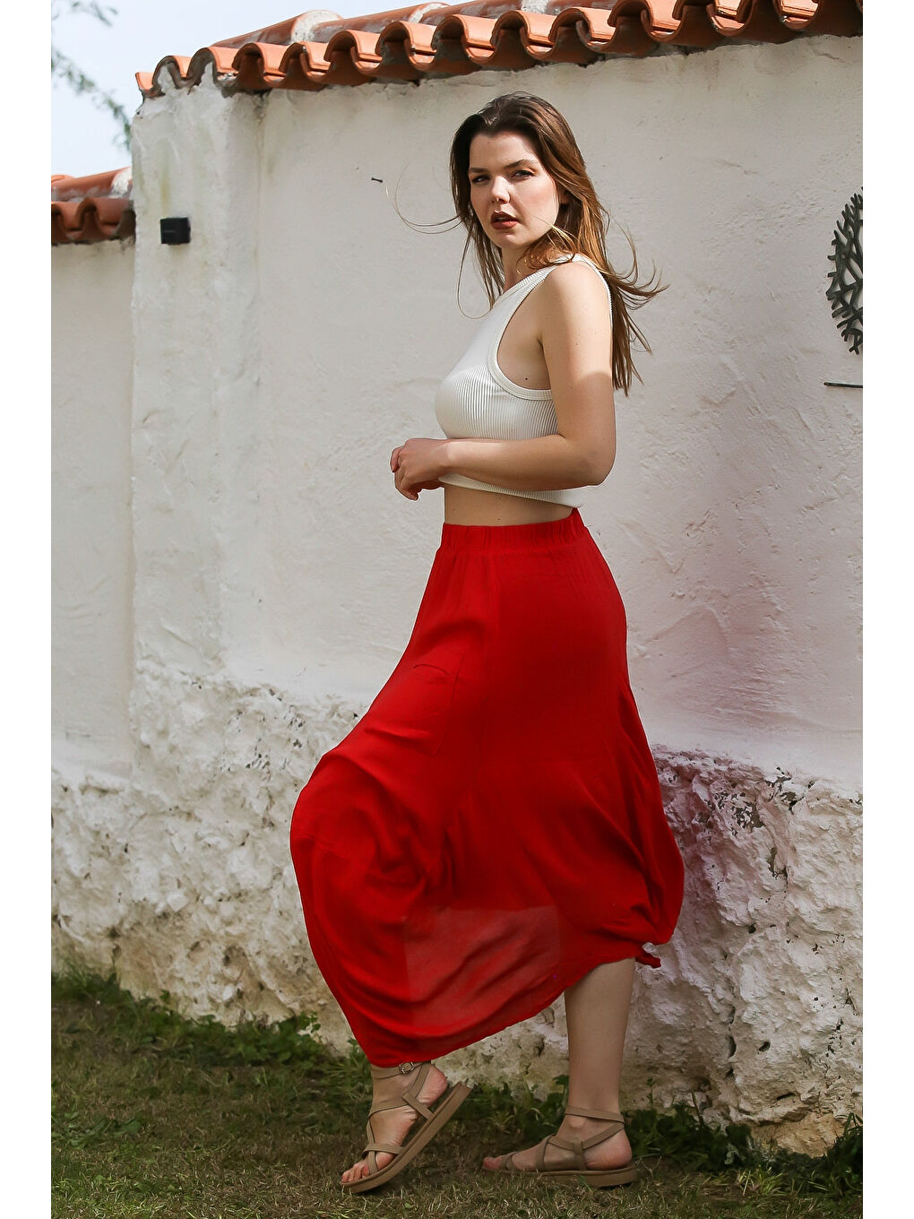 Kırmızı Cepli İnce Astarlı Çift Katlı Lastikli Bel Casual Dokuma Etek 90 60-4