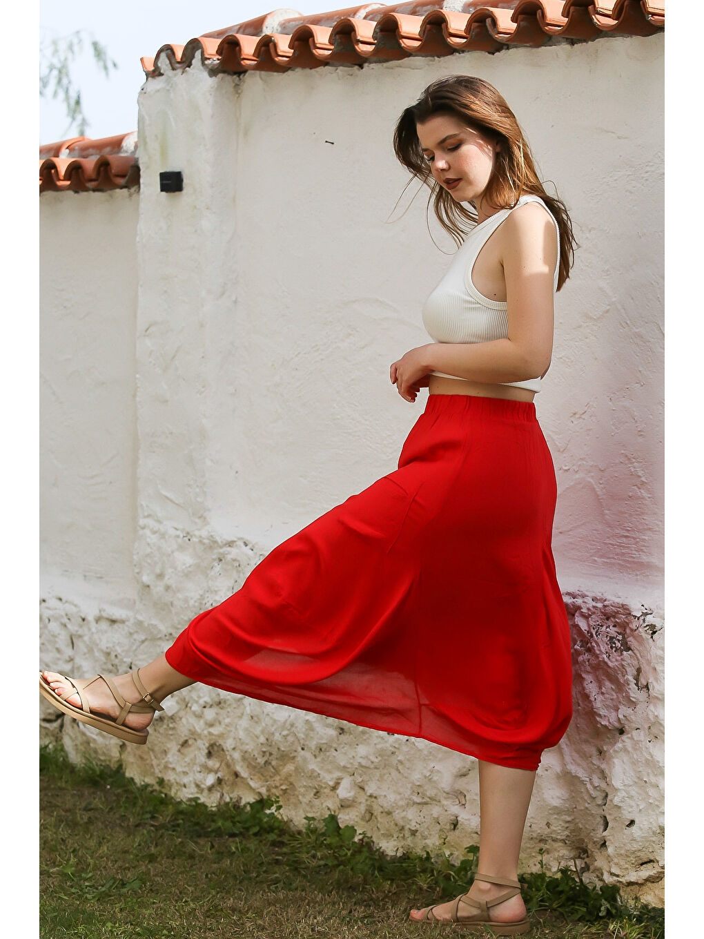 Kırmızı Cepli İnce Astarlı Çift Katlı Lastikli Bel Casual Dokuma Etek 90 60-5