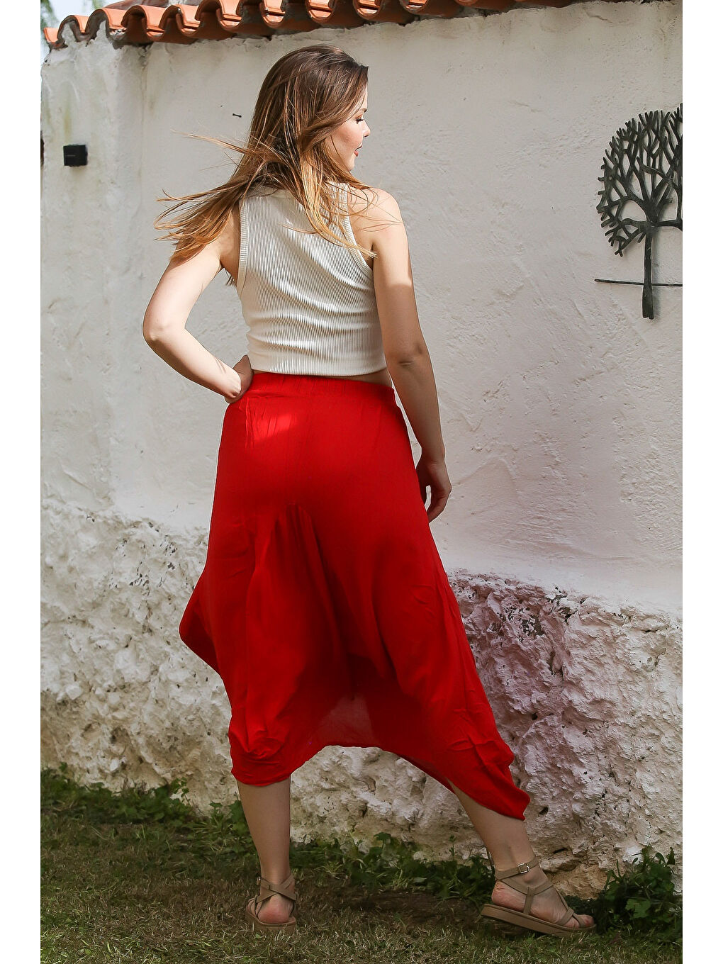 Kırmızı Cepli İnce Astarlı Çift Katlı Lastikli Bel Casual Dokuma Etek 90 60-6