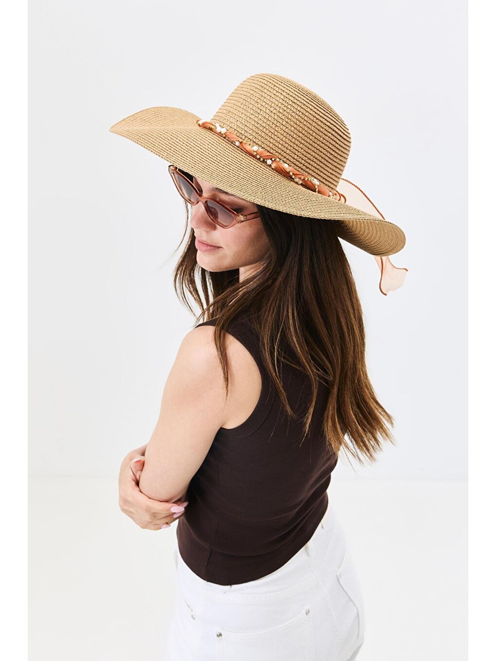 Bej Geniş Kenar Hasır Plaj Şapkası Y25730-09 Vizon-2