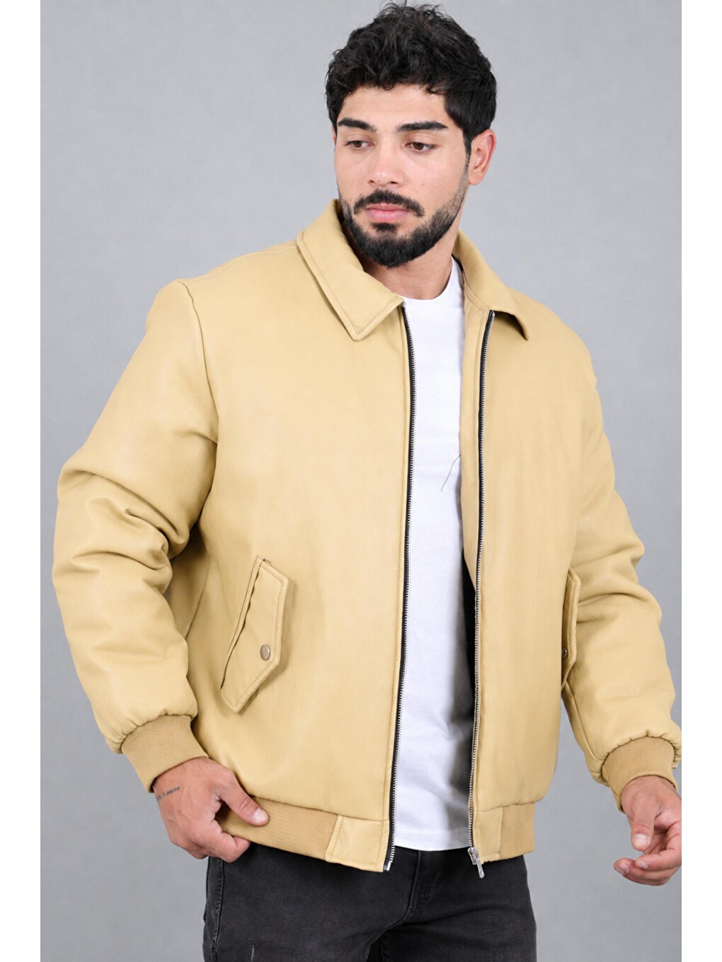 Sarı Cep Detay Dolumlu İçi Kürklü Suni Deri Mont Kmd 897_50533