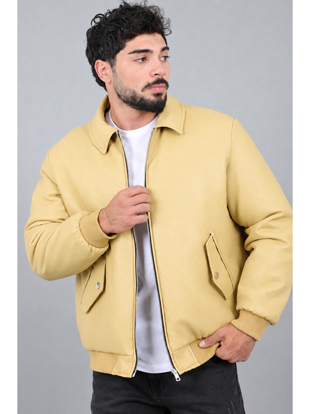 Sarı Cep Detay Dolumlu İçi Kürklü Suni Deri Mont Kmd 897_50533-1