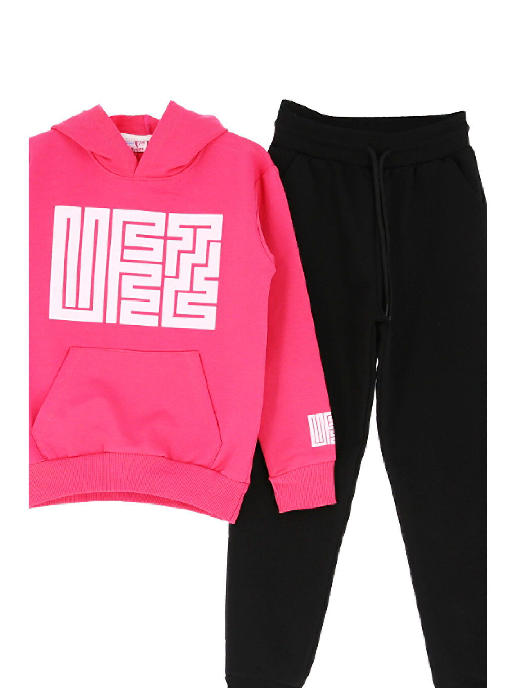Pembe Kız Çocuk 2 İplik Küfe Yazı Görselli Kapüşonlu Alt-Üst Takım 12374-1