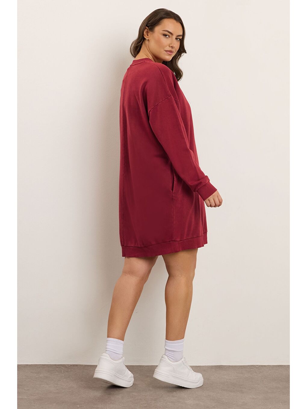 Kırmızı Büyük Beden Yarım Balıkçı Yaka Uzun Kollu Cepli Diz Üstü Sweat Elbise 304078-3