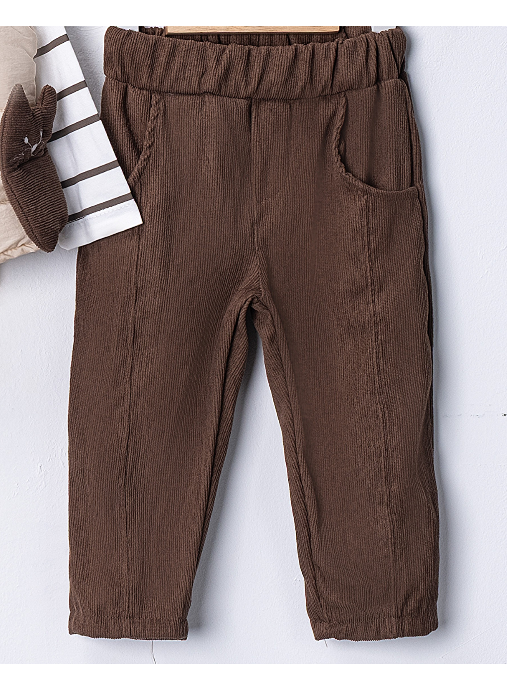 Kahverengi Erkek Bebek 3’lü Takım 9-24 Ay Şişme Yelek %100 Pamuk Sweatshirt Kadife Pantolon-4