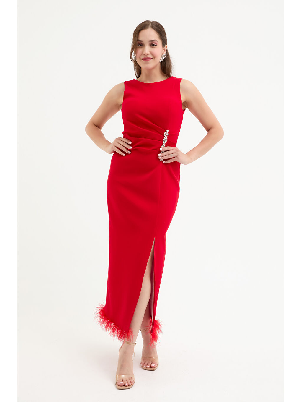 Kadın Kırmızı Otrişli Söz Nişan Nikah Abiye Elbise-1