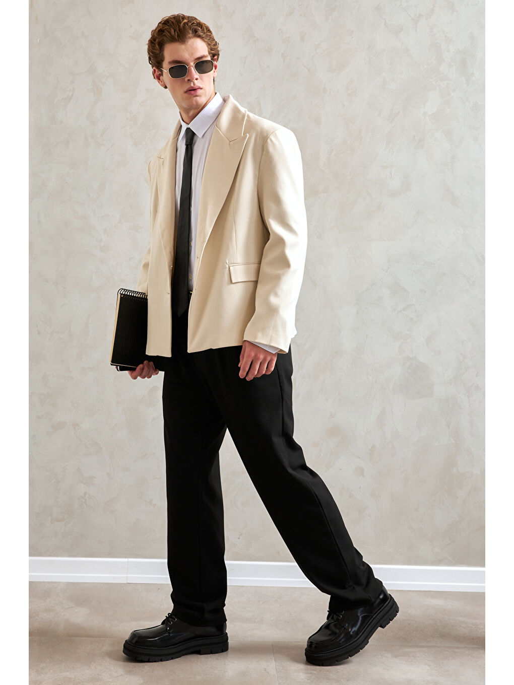 Ekru Erkek Oversize Blazer Ceket-3