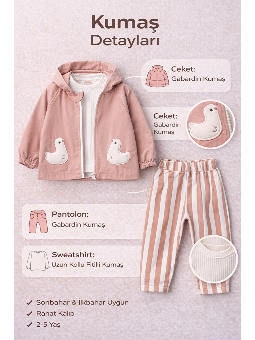 Pembe Kız Çocuk Gabardin Ceketli Takım – %100 Pamuklu İç Penye, Beli Lastikli Kemerli Pantolon 2-5 Yaş-3