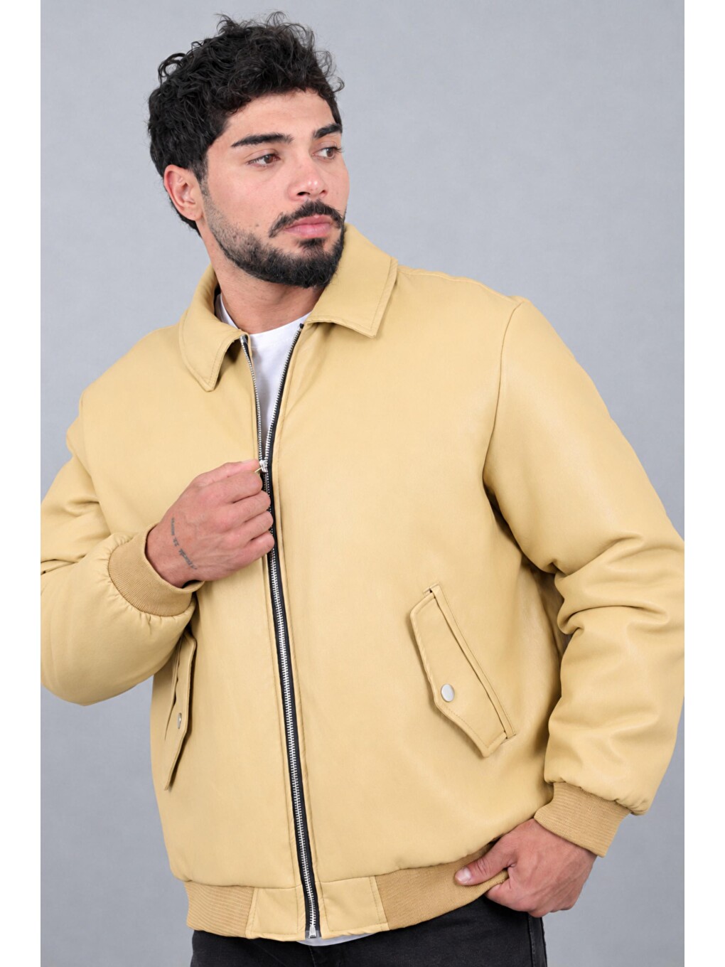 Sarı Cep Detay Dolumlu İçi Kürklü Suni Deri Mont Kmd 897_50533-3