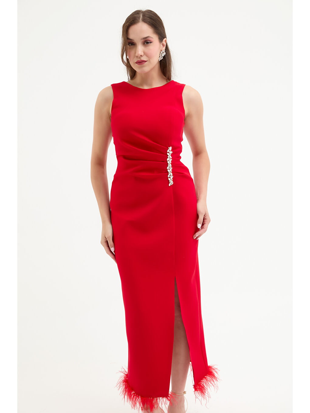 Kadın Kırmızı Otrişli Söz Nişan Nikah Abiye Elbise-2