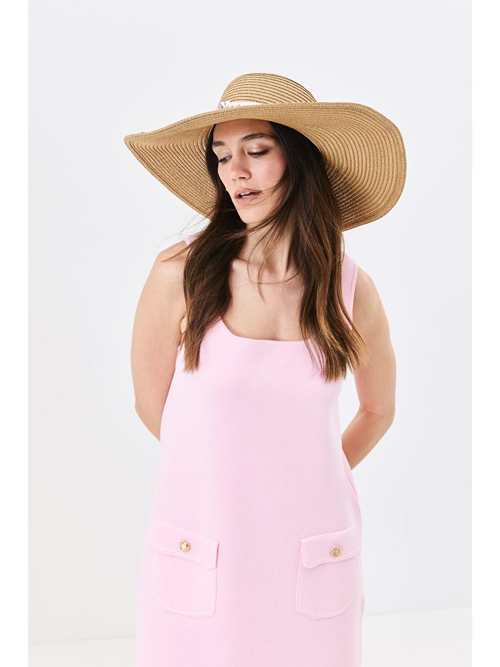 Bej Geniş Kenar Hasır Plaj Şapkası Y25730-06 Vizon-1