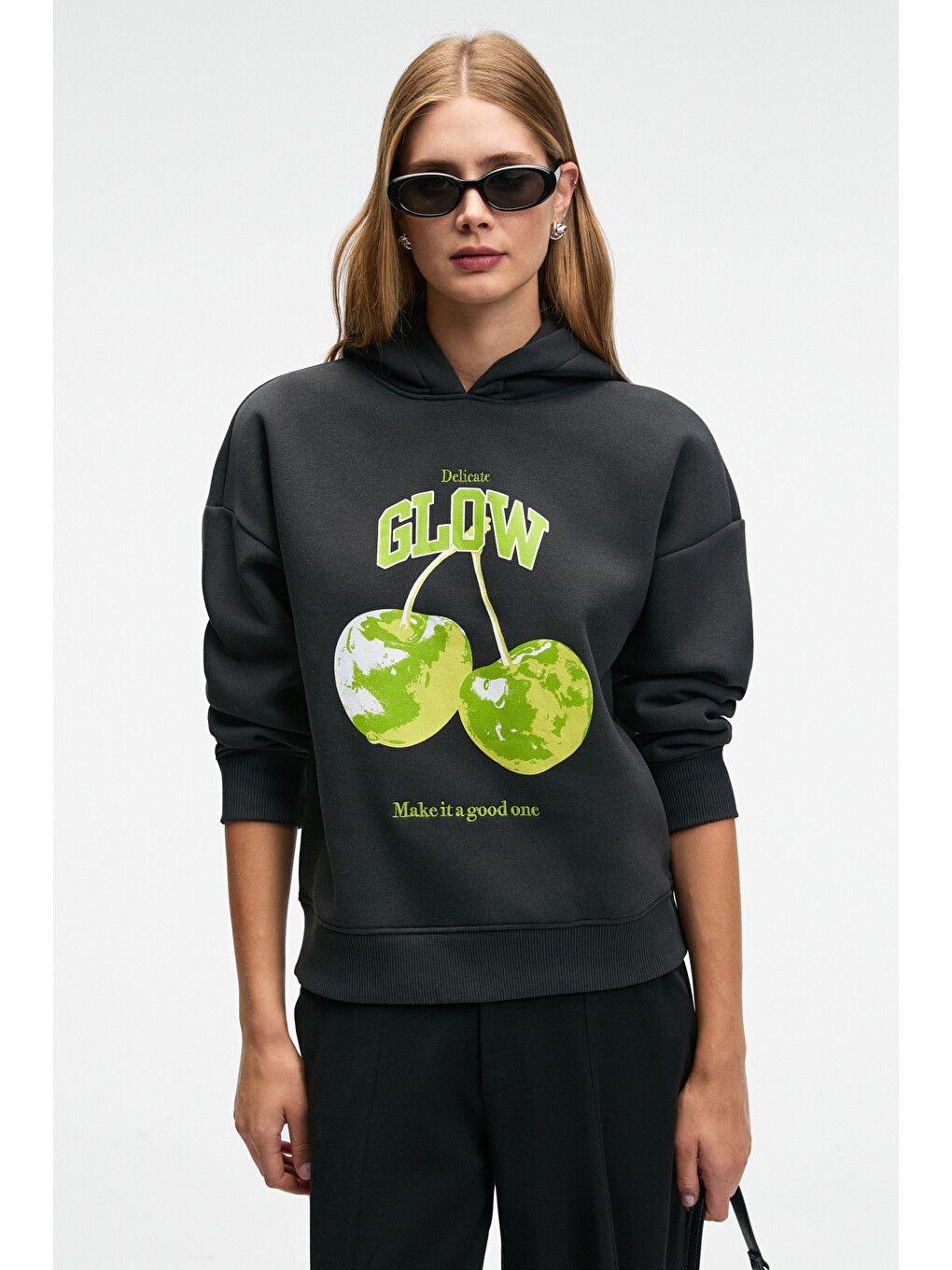 Yanmesa Kadın Oversize Baskı Ve Nakış Detaylı Uzun Kollu Kapüşonlu Koyu Antrasit Sweatshirt-2