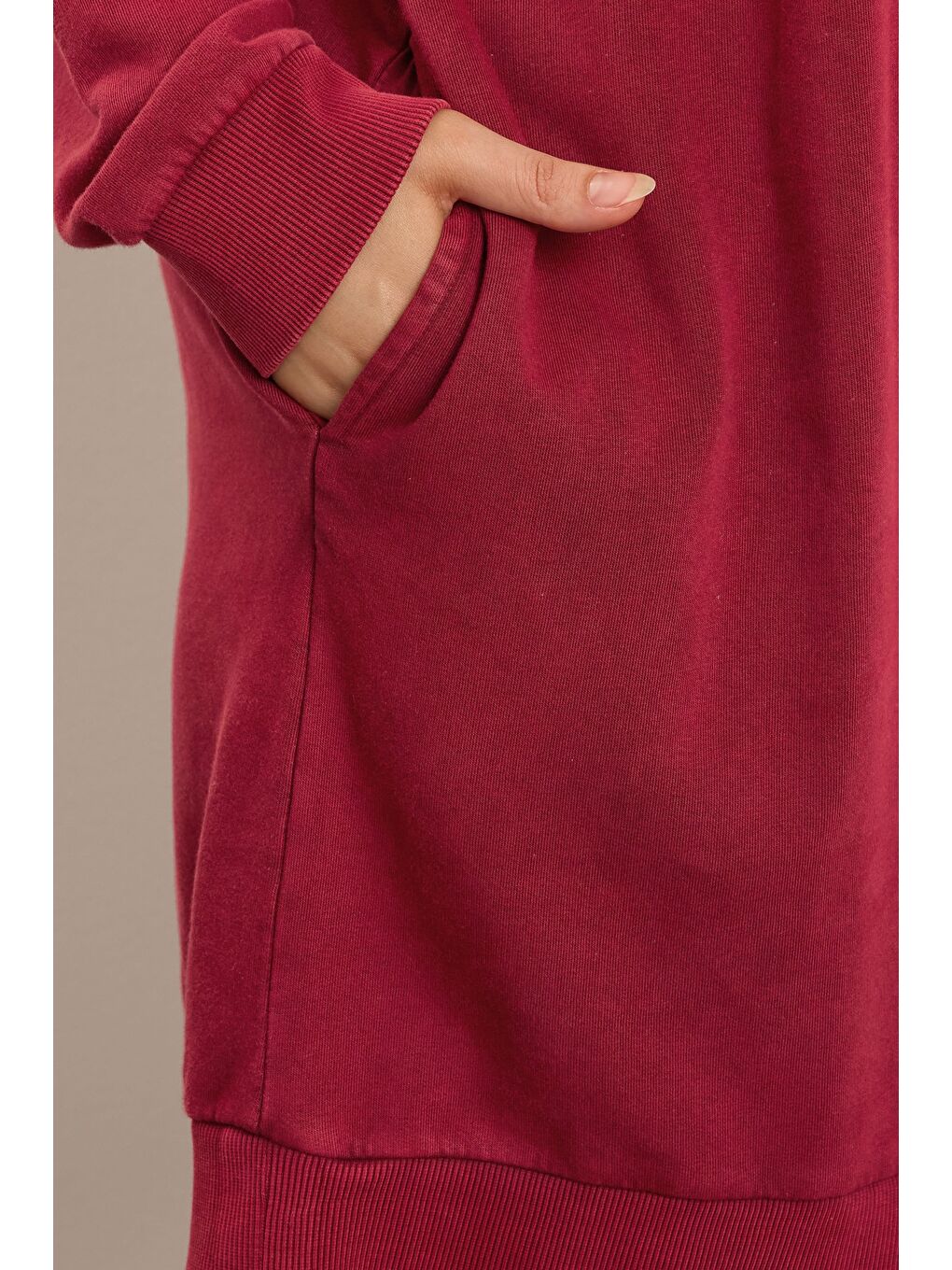 Kırmızı Büyük Beden Yarım Balıkçı Yaka Uzun Kollu Cepli Diz Üstü Sweat Elbise 304078-4