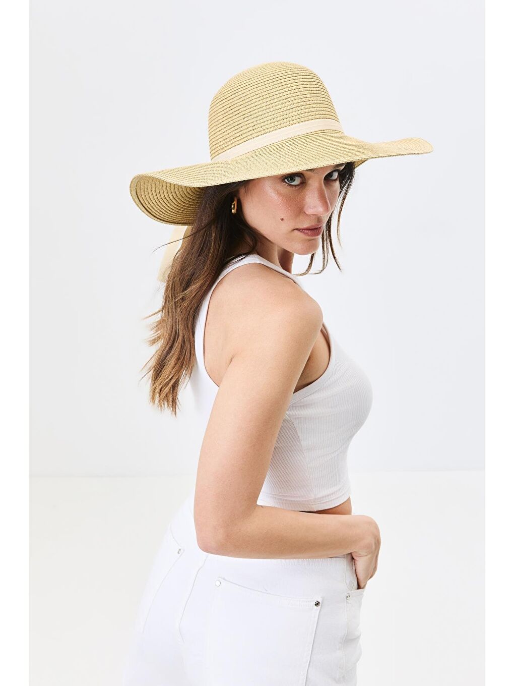 Geniş Kenar Hasır Plaj Şapkası Y25730-02 Orta Bej-1