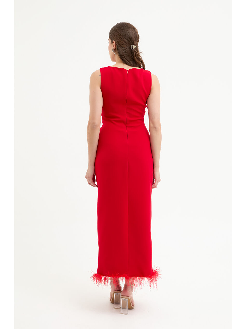 Kadın Kırmızı Otrişli Söz Nişan Nikah Abiye Elbise-4