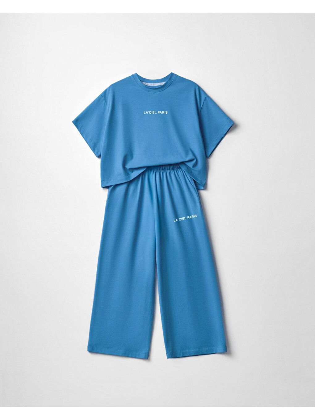 Kız Çocuk Pamuklu Mavi Baskılı T-Shirt Pantolon Takım - Bol Kesim Rahat Set