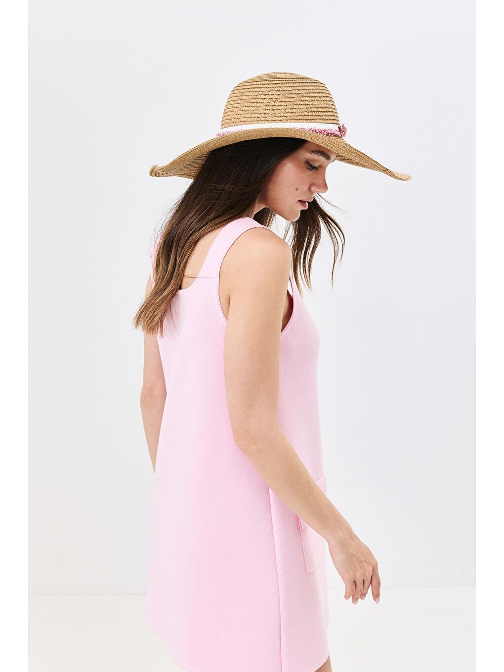 Bej Geniş Kenar Hasır Plaj Şapkası Y25730-06 Vizon-2