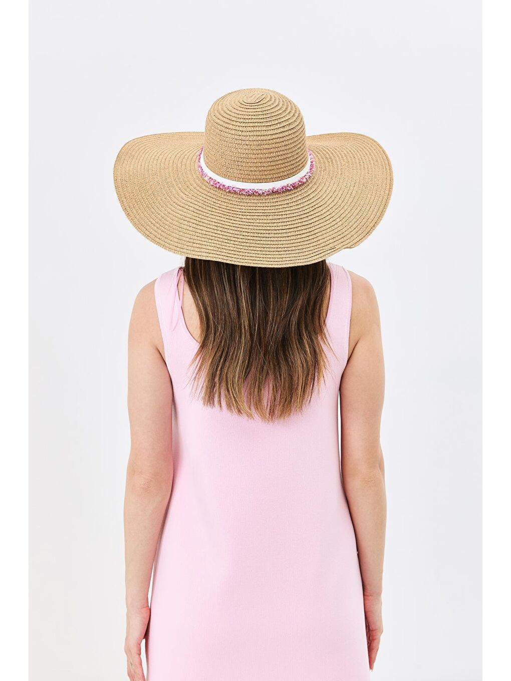 Bej Geniş Kenar Hasır Plaj Şapkası Y25730-06 Vizon-3