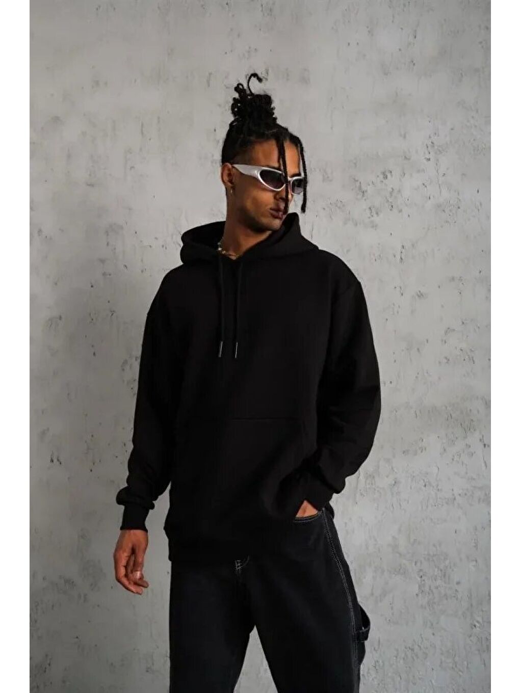 3 İplik Kapüşonlu Sweatshirt Hoodie - Siyah-1