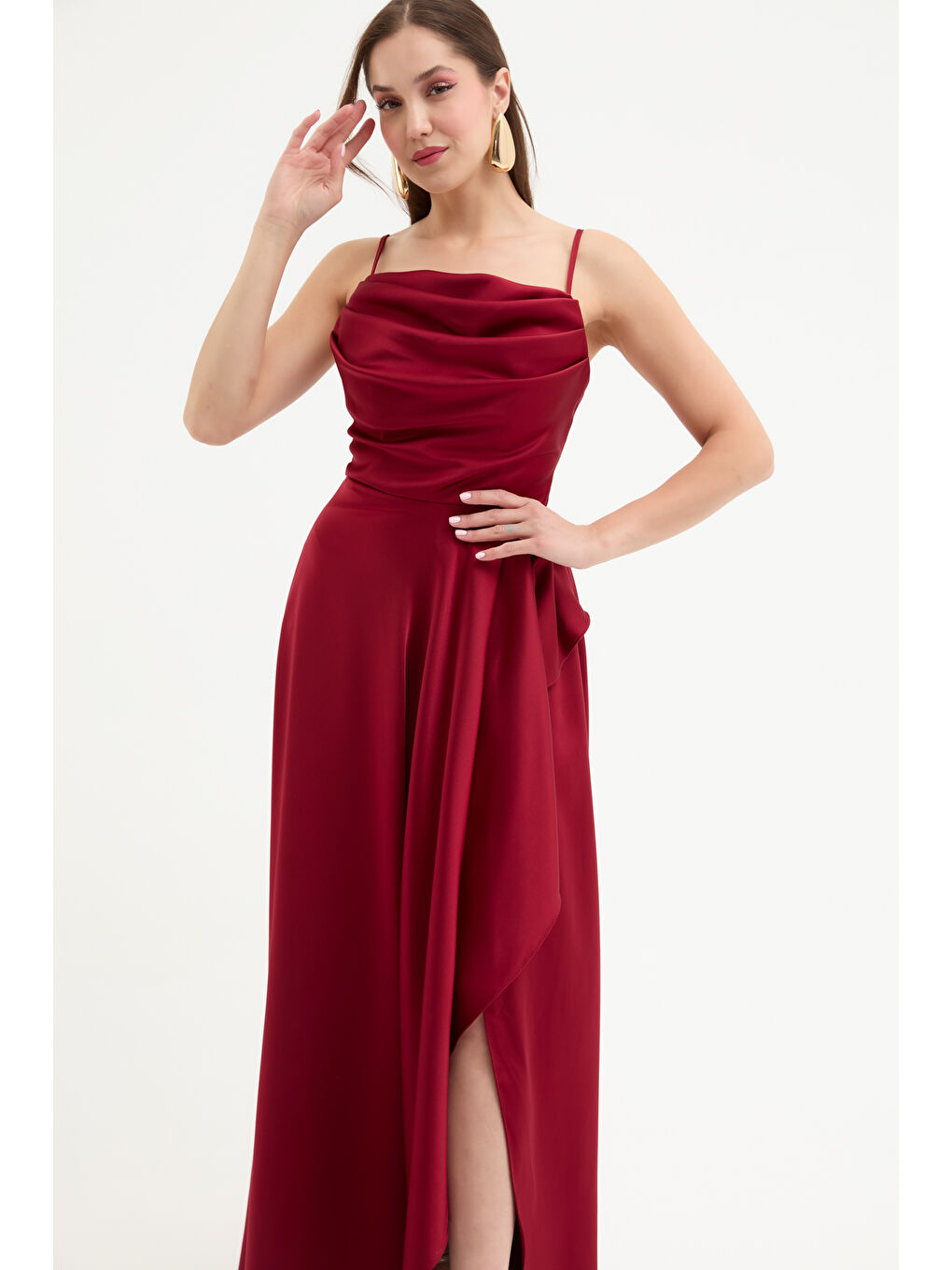 Kadın Bordo Volanlı Yırtmaçlı Saten Abiye & Mezuniyet Elbisesi-2